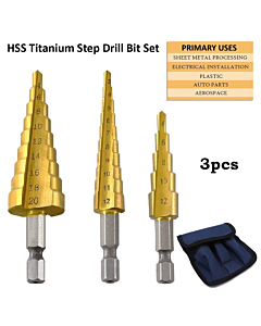 3pcs Step Drill Bits High Speed Steel Cone Titanium Coated 3-12mm/4-12mm/ 4-20mm with Hexagon Shank Multi-Functional Drill Bit