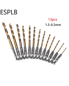 13pcs/Set Titanium Drill Bit 1.5-6.5mm HSS High Speed 1/4 Hex Shank Woodworking Metal Plastic Twist Drilling Tools 