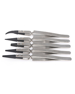 Silver-Black Reverse Tweezers Stainless Steel Handle Plastic Tip Flat/Straight/Curved Tip Tweezers
